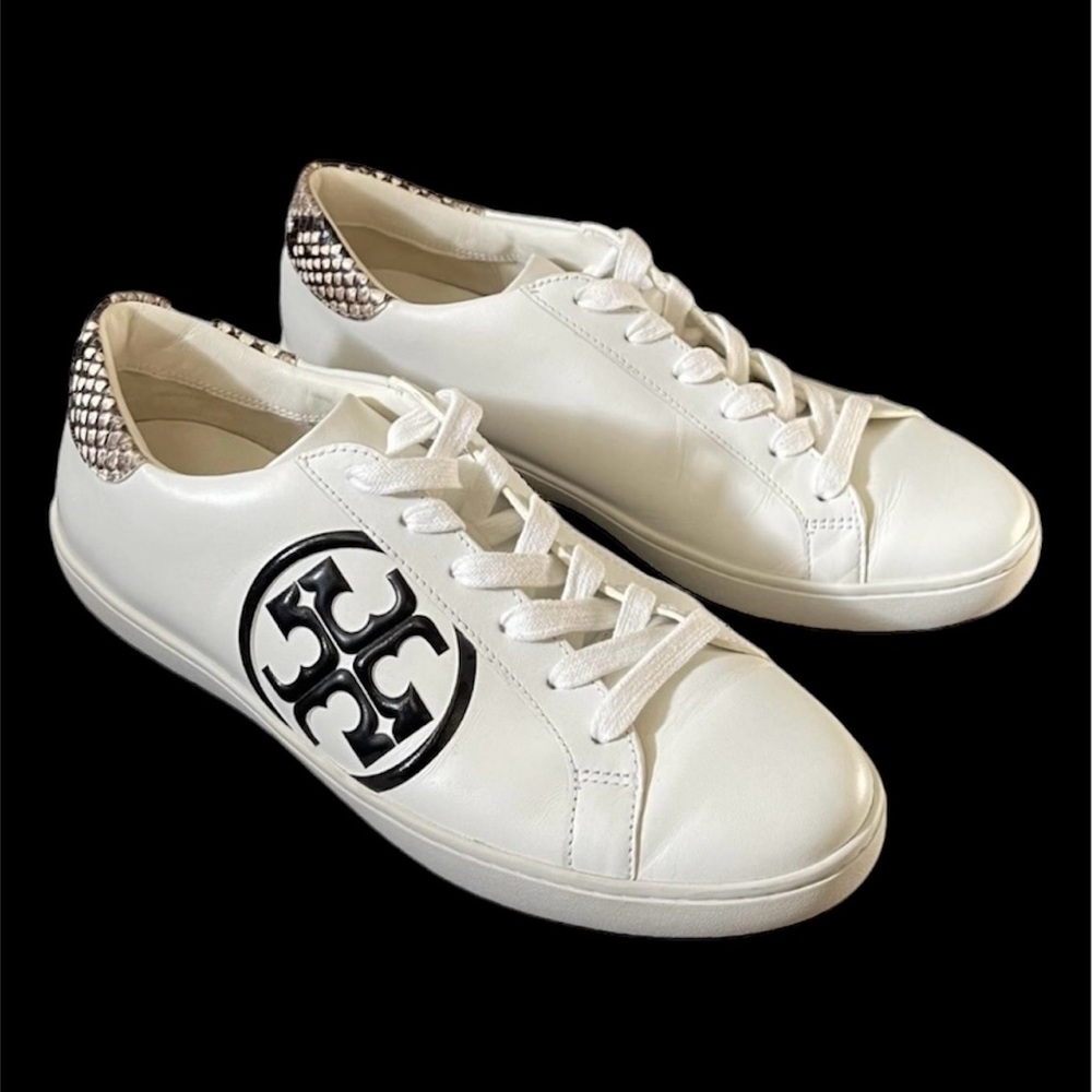 Tory Burch White Leather Sneakers with Black Logo and Snakeskin Heel